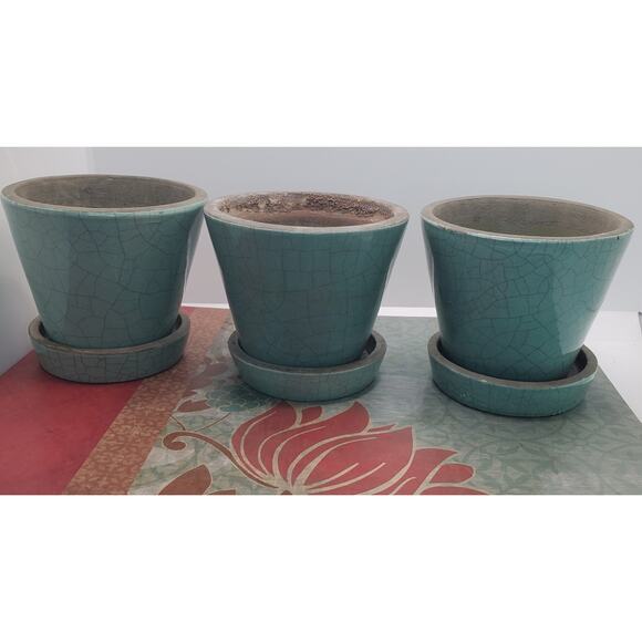 Crate & Barrel Other - Crate & Barrel Set Of 3 Planter Pots Celedon Crackle Glaze 4" Tall 3" Saucers